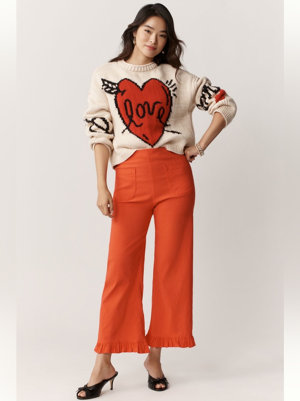 NWT Maeve Colette Ruffle-Hem High-Rise Wide-Leg Pants in Magic Fabric